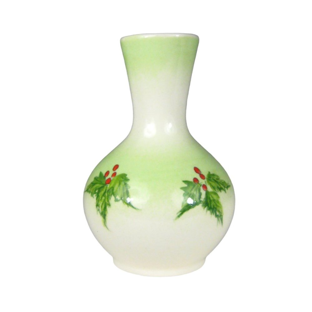 Riddle Signed Vase 4.25 In Christmas Poinsettia Green Ceramic Glazed